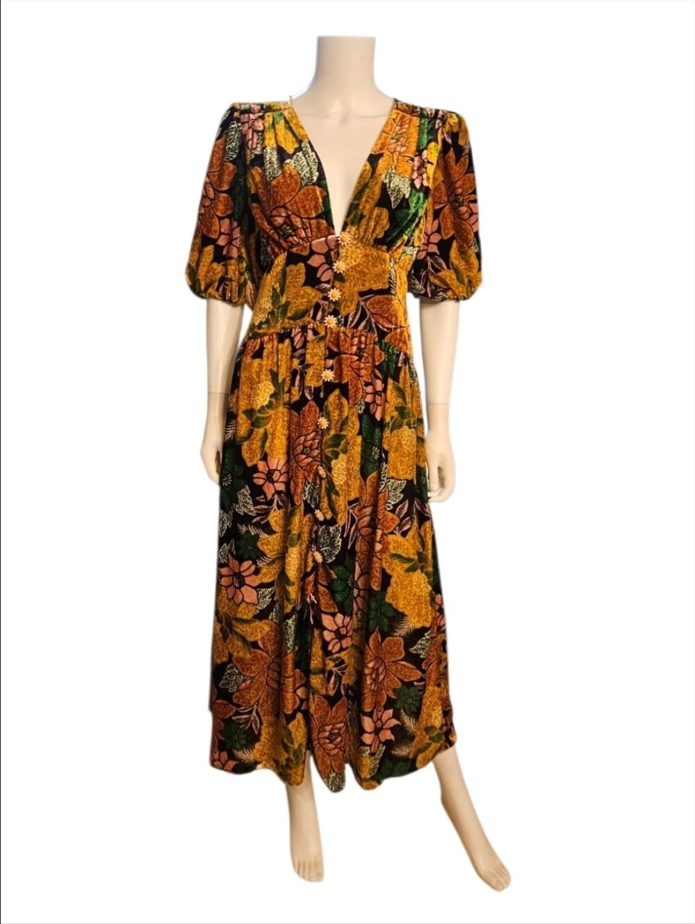 FARM RIO | Garden Velvet Floral Midi Dress Daisy Buttons Size Small